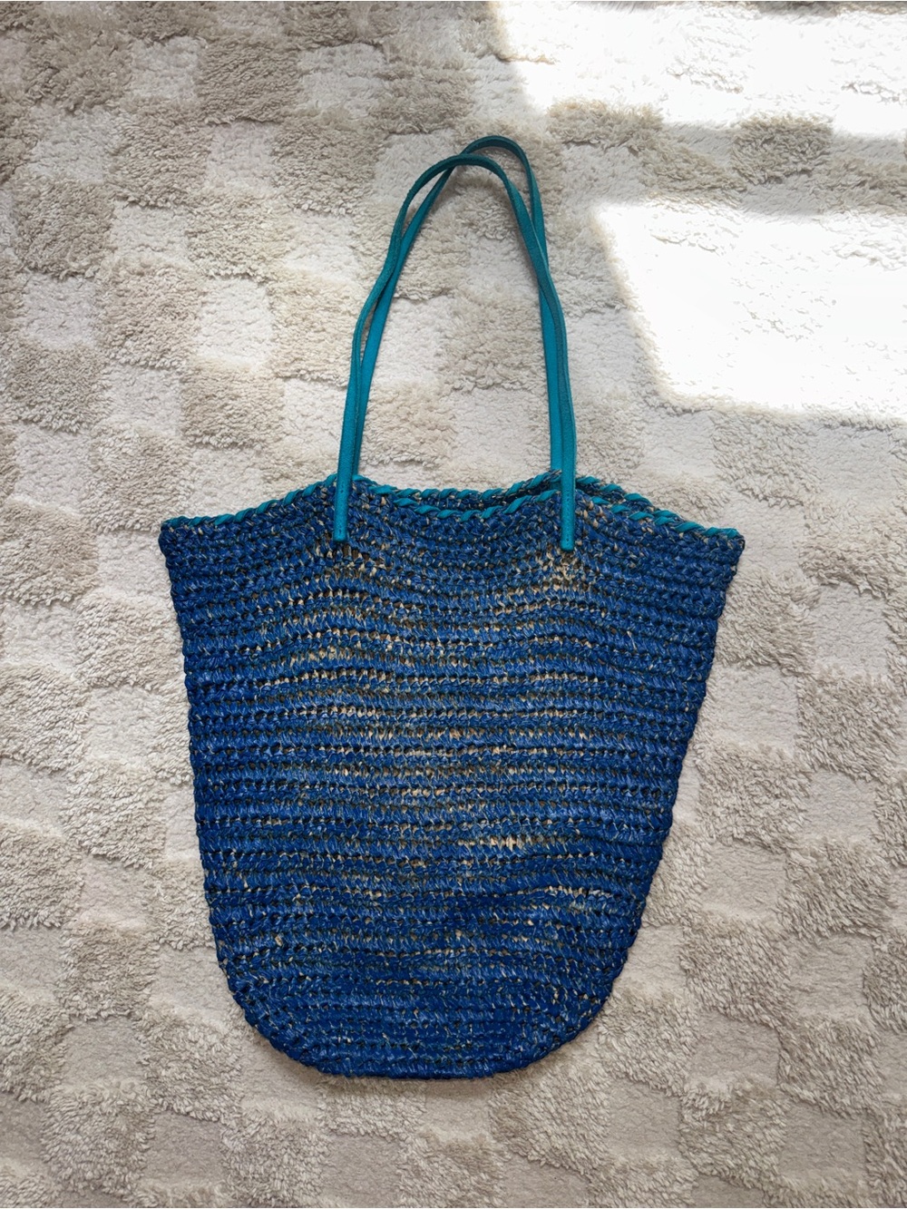 Anthropologie Raffia Tote Bag with Teal Handles | Like New